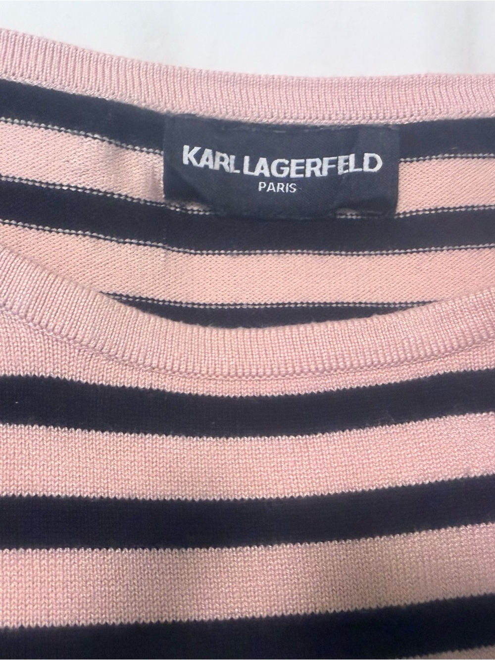 Karl Lagerfeld Pink and Black Crew Neck Sweater with Silver Logo Button Accents